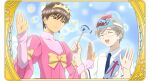 2boys ^_^ blue_necktie blue_sash brown_hair cardcaptor_sakura closed_eyes crossdressing crossdressing_(mtf) crown earrings fish frown gold_crown grey_hair jewelry kinomoto_touya male_focus multiple_boys necktie official_art open_mouth puffy_short_sleeves puffy_sleeves sash short_hair short_sleeves split_mouth third-party_source tsukishiro_yukito 