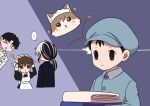  ... 1girl 3boys ? apron black_dress black_hair blue_hat brown_eyes brown_hair buttons cat chibi closed_eyes commentary_request dress empty_eyes enmaided hat heart highres juliet_sleeves kamon_(mao) kiba_nanoka kurosquid long_sleeves low_ponytail maid maid_apron maid_headdress mao_(mao) mao_(takahashi_rumiko) multicolored_hair multiple_boys open_mouth otoya_(mao) pointy_ears ponytail puffy_sleeves speech_bubble spoken_ellipsis streaked_hair white_apron 