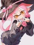  1girl black_cardigan black_hat blush bow cardigan closed_mouth collared_shirt hat inkling inkling_girl inkling_player_character kodak_painter leaning_forward long_hair long_sleeves miniskirt pink_bow pink_hair pink_ribbon pleated_skirt pointy_ears ribbon school_uniform shirt skirt sleeves_past_wrists smile solo splatoon_(series) tentacle_hair witch_hat yellow_eyes 
