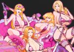  4girls akimoto_katherine_reiko bikini bleach blonde_hair blue_eyes breasts brown_eyes color_connection commentary_request couch crossover cuffs curtained_hair fingernails gun hair_color_connection hand_on_hilt handcuffs handgun heart heart-shaped_eyewear highres huge_breasts jno2ban kochikame lips long_fingernails long_hair lupin_iii lying makeup matsumoto_rangiku mine_fujiko multiple_crossover multiple_girls naruto_(series) o-ring o-ring_top on_back parted_lips pink_bikini pink_nails purple_eyes red_nails simple_background swimsuit sword tsunade_(naruto) weapon 