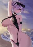  1girl absurdres beach black_slingshot_swimsuit blue_sky breasts cinderella_(crystal_wave)_(nikke) cinderella_(nikke) commentary_request eyewear_on_head goddess_of_victory:_nikke highres large_breasts looking_at_viewer miyure_(voyakl) navel ocean official_alternate_costume red_eyes short_hair sky slingshot_swimsuit smile solo stomach sun swimsuit thighs 