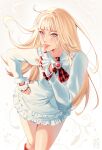  1girl absurdres blonde_hair blue_eyes blunt_bangs blush boots commentary dress fingerless_gloves formal_clothes gloves highres hime_cut knee_boots kofidotjpg legs_together lili_(tekken) lips lipstick long_hair makeup red_lips solo tekken tekken_8 white_dress 