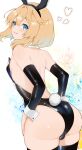  1boy absurdres animal_ear_hairband animal_ears ass ass_focus backless_leotard black_hairband black_leotard black_thighhighs blonde_hair blue_eyes bridget_(guilty_gear) bulge commentary_request cowboy_shot crossdressing crossdressing_(mtf) detached_sleeves eyelashes fake_animal_ears fake_tail from_behind guilty_gear guilty_gear_strive hairband hands_on_own_hips heart highres leotard looking_at_viewer male_focus male_playboy_bunny medium_hair oversized_breast_cup parted_lips playboy_bunny rabbit_ear_hairband rabbit_ears rabbit_tail strapless strapless_leotard tail thighhighs thighs trap udapoop white_background white_mouth wrist_cuffs 