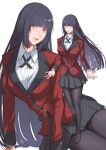  1girl absurdres black_hair blazer blunt_bangs breasts commentary_request highres hime_cut hyakkaou_academy_school_uniform jabami_yumeko jacket kakegurui large_breasts long_hair looking_at_viewer multiple_views pantyhose red_eyes red_jacket red_suit school_uniform shirt smile ssk06150 suit white_shirt 
