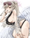  1girl absurdres armpit_crease black_one-piece_swimsuit blue_archive breasts brown-tinted_eyewear brown_eyes commentary_request cowboy_shot eyewear_on_head feathered_wings from_side grey_hair groin halo heart highres large_breasts long_hair looking_at_viewer murderdoll1641 nagisa_(blue_archive) nagisa_(swimsuit)_(blue_archive) official_alternate_costume one-piece_swimsuit open_mouth pointy_breasts ponytail sideboob simple_background solo spoken_heart sunglasses swimsuit tinted_eyewear white_background white_wings wings 