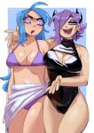  2girls ahoge arm_on_another's_shoulder bikini black_one-piece_swimsuit blue_eyes blue_hair blush breasts casual_one-piece_swimsuit cleavage_cutout clothing_cutout commentary cowboy_shot demon_horns drooling english_commentary eyeshadow gingrjoke hair_over_one_eye highres horns large_breasts liz_(gingrjoke) long_hair looking_at_breasts looking_at_viewer makeup marcy_(gingrjoke) multiple_girls one-piece_swimsuit open_hand open_mouth original purple_bikini purple_eyeshadow purple_hair rectangular_earrings short_hair side-tie_skirt simple_background speech_bubble sweat swimsuit thighs two-tone_background yellow_eyes 