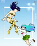  2girls :d animal_print bikini blue_background blue_eyes blue_eyeshadow blue_hair breasts brown_eyes brown_shoes cleavage collarbone cone_horns cosplay costume_switch creator_connection crispslyn crossover english_commentary eyeshadow floating fur_bikini gradient_background green_sailor_collar green_skirt highres higurashi_kagome higurashi_kagome_(cosplay) horns inuyasha leg_up long_hair lum lum_(cosplay) makeup midriff multiple_girls navel open_mouth pleated_skirt print_bikini print_boots sailor_collar school_uniform serafuku shirt shoes skirt small_horns smile socks strapless strapless_bikini striped_horns swimsuit tiger_panties tiger_print tiger_print_bikini urusei_yatsura white_shirt white_socks yellow_bikini yellow_horns 