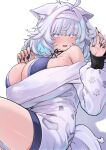  1girl black_nails blue_hair blush breasts cleavage colored_inner_hair commentary_request commission fang fingernails gene_(gear_gene) highres huge_breasts long_fingernails looking_at_viewer medium_hair multicolored_hair open_mouth original paw_print purple_eyes purple_hair simple_background skeb_commission skin_fang smile vrchat white_background 