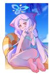  1girl absurdres animal_ear_fluff ass barefoot beach bikini blue_archive blue_sky bright_pupils chinchilla_ears chinese_commentary commentary_request feet foot_focus forehead frilled_bikini frills from_behind hair_ornament hairclip halo highres innertube kokona_(blue_archive) kokona_(swimsuit)_(blue_archive) legs leng_guang_jiu_juan long_hair low_twintails ocean orange_eyes parted_bangs sitting sky solo swim_ring swimsuit thighs twintails very_long_hair water white_pupils yokozuwari 