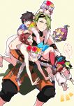  2boys 4girls absurdres achilles_(fate) achilles_(fearless_diver)_(fate) anastasia_(fate) anastasia_(swimsuit_archer)_(second_ascension)_(fate) bare_shoulders black_hair blue_eyes blue_flower blush braid brown_hair carrying carrying_person chaldea_summer_adventure! commentary_request dress fate/grand_order fate_(series) flower flower_wreath fujimaru_ritsuka_(male) fujimaru_ritsuka_(male)_(tropical_summer) goggles goggles_on_head green_hair grey_hair hair_flower hair_ornament hair_over_one_eye hair_ribbon hawaiian_shirt head_wreath hibiscus highres iris_(tb33064667) kama_(fate) kama_(swimsuit_avenger)_(first_ascension)_(fate) kama_(young)_(fate) leonardo_da_vinci_(fate) leonardo_da_vinci_(rider)_(fate) leonardo_da_vinci_(swimsuit_ruler)_(fate) multicolored_hair multiple_boys multiple_girls official_alternate_costume open_mouth pink_flower red_eyes red_flower ribbon sandals sei_shounagon_(fate) sei_shounagon_(swimsuit_berserker)_(first_ascension)_(fate) shirt short_hair shorts shoulder_carry skirt smile star_(symbol) star_hair_ornament ste-kun_(fate) tarasque_(fate) thighhighs twin_braids twintails visor_cap white_flower white_hair yellow_flower 