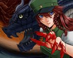  alternate_headwear blood blue_eyes braid claws cloud dragon fingernails hair_between_eyes hands hat hong_meiling long_fingernails long_hair ocean rapuka red_hair slit_pupils solo star teeth touhou twin_braids water 