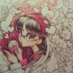  1boy 1girl amagi_yukiko barachan black_eyes black_hair black_sailor_collar eyelashes finger_to_another's_mouth glasses hairband heart kuma_(persona_4) lips long_hair looking_at_viewer mini_person open_mouth partially_colored persona persona_4 petals red-framed_eyewear red_sweater sailor_collar sweater unfinished upper_body 