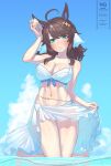  1girl ahoge animal_ears bare_shoulders bikini blue_eyes blue_sky blush breasts brown_hair cleavage cloud collarbone commentary_request daring_tact_(umamusume) hair_between_eyes hair_ornament highres holding_seashell horse_ears horse_girl kneeling large_breasts looking_at_viewer navel outdoors parted_lips sarong sarong_hold seashell shell sky smile solo star_(symbol) star_hair_ornament stomach swimsuit umamusume water white_bikini white_sarong zenchou24cm 