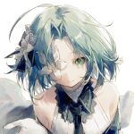  1girl ahoge arcaea bare_shoulders black_necktie closed_mouth commentary curtained_hair flower flower_over_eye gloves hair_flower hair_ornament halterneck hand_up highres klooxm33 medium_hair necktie parted_bangs saya_(arcaea) sleeveless sleeveless_sweater smile solo sweater turtleneck turtleneck_sweater white_background white_flower white_gloves white_sweater 