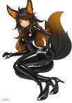  1girl absurdres ahoge animal_ear_fluff animal_ears ankle_cuffs arm_cuffs ass black_bodysuit black_hair bodysuit breasts collar commission cuffs gradient_hair high_heels highres impossible_bodysuit impossible_clothes large_breasts latex latex_bodysuit looking_at_viewer lying maguro27 multicolored_hair on_side orange_hair original red_eyes shiny_clothes skin_tight smile solo tail thigh_cuffs white_background 