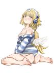  1girl absurdres angel_wings artist_name ass bare_shoulders barefoot beatrix_vivi blonde_hair blush bottomless breasts camisole cleavage commentary_request dress fate/grand_order fate_(series) feathered_wings fluffy_clothes grey_sweater headphones highres jeanne_d'arc_(fate) long_hair long_sleeves looking_at_viewer low_twintails metatron_jeanne_(fate) metatron_jeanne_(second_ascension)_(fate) off_shoulder panties sitting sleepwear small_breasts striped_clothes striped_panties striped_sweater sweater twintails underwear wariza white_camisole white_dress wings yellow_eyes 