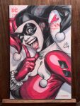  1girl batman_(series) blue_eyes bodysuit commentary cover_sketch dc_comics diamond_(shape) domino_mask english_commentary eye_mask gloves harlequin harley_quinn harley_quinn_(classic) hat highres jester jester_cap jester_costume looking_at_viewer marker_(medium) mask multicolored_bodysuit multicolored_jumpsuit open_mouth photo_(medium) red_bodysuit red_gloves signature smile solo stanley_lau traditional_media two-tone_hat upper_body white_facepaint 