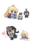  +_+ 2girls ahoge asymmetrical_gloves black_gloves black_hair black_sports_bra blonde_hair blue_jacket blush chibi chibi_only commentary crying crying_with_eyes_open gloves goggles goggles_on_head grace_howard hair_between_eyes heart highres holding hue_oo jacket long_hair mismatched_gloves multiple_girls norma_hollowell purple_eyes sports_bra tears twitter_username untranslatable_commentary white_background zenless_zone_zero 