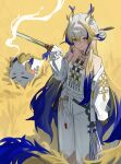  1girl absurdres arknights bare_shoulders bead_necklace beads brooch closed_mouth commentary dragon_bean_(arknights) dragon_girl dragon_horns earrings eastern_dragon_horns green_eyes hair_between_eyes highres holding holding_sword holding_weapon horns jewelry kuaspa long_hair long_sleeves looking_at_viewer necklace plant pointy_ears rice_(plant) rice_paddy shirt shu_(arknights) smile solo strapless strapless_shirt sunset sword tail tassel tassel_earrings tube_top weapon white_hair white_tube_top 