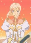  1girl blue_eyes canon_event commentary_request crying crying_with_eyes_open dress embers estellise_sidos_heurassein furrowed_brow highres holding holding_sword holding_weapon omitatamio open_mouth orange_sky pink_hair puffy_sleeves short_hair sky solo sword tales_of_(series) tales_of_vesperia tears teeth upper_teeth_only weapon 