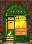  animal_focus awning bird building calico_(pattern) calico_cat cat commentary counter dusk english_commentary english_text highres indoors ivy ivytea original outdoors pavement pen pigeon plant quill road scenery shop sidewalk sign stationery storefront street 