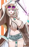  1girl :d animal_ear_fluff animal_ears arknights bikini bracelet braid breasts brown_hair brown_jacket cleavage commentary_request extra_ears eyewear_on_head hair_ornament hairclip hat highres holding holding_sword holding_weapon huge_breasts jacket jamg336 jewelry looking_at_viewer medium_hair necklace official_alternate_costume open_clothes open_jacket open_mouth purple_eyes sheath simple_background smile solo sparkle striped_bikini striped_clothes sunglasses swimsuit sword tail unsheathing unworn_hat unworn_headwear utage_(arknights) utage_(summer_flowers)_(arknights) v-shaped_eyebrows weapon white_background x_hair_ornament 