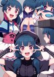  1girl absurdres bag_on_head birthday blue_hair blush bokura_no_hashittekita_michi_wa... breasts commentary cream_(nipakupa) double_v grey_background hair_bun hat highres long_hair love_live! love_live!_sunshine!! love_live!_sunshine!!_the_school_idol_movie_over_the_rainbow low_twintails multiple_views red_eyes school_uniform single_side_bun small_breasts socks solo striped_clothes striped_socks tsushima_yoshiko twintails upper_body uranohoshi_school_uniform v 