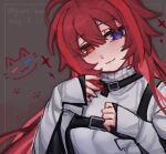  1girl :3 ???_(assault_lily) ahoge assault_lily blue_eyes blush cat chest_harness chinese_commentary closed_mouth commentary_request dated gatti_love gradient_background grey_background hair_between_eyes hands_up harness heterochromia highres inset_border light_smile long_hair long_sleeves outside_border red_eyes red_hair shirt sleeves_past_wrists solo sparkle twitter_username upper_body white_shirt 