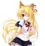  1girl amagi_karin animal_ear_fluff animal_ears back_bow blonde_hair bow buttons charm_(object) collarbone double-breasted fox_ears frilled_skirt frills game_asset hair_ribbon highres impossible_clothes long_hair magical_marriage_lunatics!! miniskirt neck_ribbon non-web_source official_art one_eye_closed plaid_clothes plaid_sailor_collar plaid_skirt pleated_skirt ponytail red_eyes red_ribbon ribbon sailor_collar sakurasaka_tsuchiyu school_uniform serafuku shirt short_sleeves simple_background skirt tachi-e transparent_background two-tone_shirt white_shirt 
