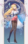  1girl absurdres agnes_claudel arm_behind_back arm_belt belt beret black_boots black_pantyhose black_ribbon blonde_hair blue_eyes blue_flower boots braid braided_base braided_bun breasts brown_belt bug bun_with_braided_base butterfly chest_belt clock coat collared_shrug commentary eiyuu_densetsu expressionless flower full_body gyroscope hair_bun hair_ribbon hand_on_headwear hat high-low_coat high_heel_boots high_heels highres jewelry kai_no_kiseki kuro_no_kiseki_(series) kuro_no_kiseki_i large_breasts long_hair long_sleeves looking_at_viewer low-tied_long_hair mixed-language_commentary necklace pantyhose parted_lips pink_sweater red_hat ribbed_sweater ribbon roman_numeral senya8833 shrug_(clothing) simple_background single_side_bun solo standing star_(symbol) sweater thigh_boots thighhighs turtleneck turtleneck_sweater white_coat 
