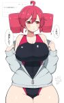  1girl ahoge black_one-piece_swimsuit blush breasts cleavage commentary_request curvy drill_hair fan_request grey_hoodie highres hood hoodie kasane_teto kooei large_breasts looking_to_the_side one-piece_swimsuit open_mouth red_eyes red_hair simple_background solo speech_bubble swimsuit swimsuit_under_clothes thick_thighs thighs translation_request utau variant_set white_background 