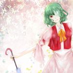 alternate_costume bad_id bad_pixiv_id bow bowtie bug butterfly dress green_hair highres insect kazami_yuuka looking_at_viewer minami_yuka one-eyed outstretched_arm puffy_sleeves red_eyes short_hair solo touhou umbrella vest white_dress wide_sleeves 