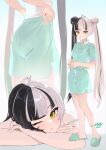  1girl ahoge aqua_nails black_hair blush closed_mouth commentary_request dialyn_(zenless_zone_zero) double_bun green_shirt green_shorts green_slippers hair_bun highres long_hair looking_at_viewer multicolored_hair multicolored_nails multiple_views one_eye_closed red_nails shirt shorts slippers split-color_hair uixy white_hair yellow_eyes zenless_zone_zero 