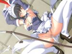  1girl 2000s_(style) apron armpits arms_up bdsm black_hair blush bondage bound breasts censored closed_eyes closed_mouth collar crowbar cuffs detached_sleeves dutch_angle fiena_(mahou_senshi) game_asset jewelry mahou_senshi_(series) mahou_senshi_elixir_knights maid maid_headdress mary_janes medium_breasts mosaic_censoring necklace nipples no_panties non-web_source object_insertion official_art pussy saitou_natsuki scythe self-datamine shoes short_hair solo spread_legs spreader_bar squatting thighhighs torn_clothes vaginal variant_set visual_novel_cg whip white_thighhighs 