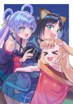  >_< 3girls :d animal_ears black_hair blonde_hair blue_eyes cho_kaguya-hime! commentary_request crescent crescent_hair_ornament eyeshadow facial_mark fang forehead_mark green_eyes grey_hair hair_ornament hair_rings hairclip highres hug kaguya_(cho_kaguya-hime!) kaguya_(tsukuyomi)_(cho_kaguya-hime!) long_hair lop_rabbit_ears makeup multiple_girls ootsuka_rei open_mouth purple_nails rabbit_ears rabbit_girl red_eyeshadow runami_yachiyo runami_yachiyo_(tsukuyomi) sakayori_iroha sakayori_iroha_(tsukuyomi) smile xd 