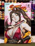  1girl art_tools_in_frame breasts bridal_gauntlets brown_eyes brown_hair cleavage closed_mouth commentary cover_sketch curtained_hair english_commentary folded_fan folding_fan hand_fan hand_on_own_hip high_ponytail highres holding holding_fan large_breasts long_hair looking_at_viewer marker_(medium) obi photo_(medium) ponytail rope sash shiranui_mai sideboob signature solo stanley_lau the_king_of_fighters traditional_media upper_body 