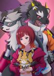  3girls :< :d absurdres animal_helmet animate_object arm_cannon bearcatmon black_helmet black_pants black_shirt blue_eyes blunt_bangs brown_hair clawed_gloves closed_mouth collarbone commentary_request cowboy_shot dark-skinned_female dark_skin digimon digimon_(creature) digimon_beatbreak evolutionary_line eye_mask fang furry furry_female gauntlets gloves green_eyes grey_hair hand_on_own_hip helmet highres holding holding_digimon hood hood_down hooded_jacket jacket jean_tey long_hair long_sleeves looking_at_viewer mask midriff multicolored_hair multicolored_jacket multiple_girls open_clothes open_jacket open_mouth orange_hair orange_sleeves pants pristimon red_eyes red_jacket sakuya_reina sentient_stuffed_toy sharp_teeth shirt short_hair short_shorts shorts sidelocks signature smile spiked_gloves standing star_(symbol) star_print stuffed_raccoon stuffed_toy teeth two-tone_hair two-tone_jacket very_long_hair watermark watermark_grid weapon white_jacket white_shorts wolvermon zipper zipper_pull_tab 