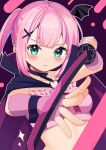  1girl absurdres black_cape black_choker blunt_bangs blush cape chiyoda_momo choker commentary_request crop_top dutch_angle fighting_stance fingerless_gloves gloves green_eyes hands_up highres holding holding_sword holding_weapon katana looking_at_viewer machikado_mazoku medium_hair nokia_hiyou official_alternate_costume outline outstretched_hand parted_lips pink_gloves ponytail purple_background purple_cape sidelocks simple_background solo sparkle sword two-sided_cape two-sided_fabric upper_body v-shaped_eyebrows weapon white_outline 