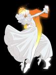  1boy 1girl black_background closed_eyes collared_shirt covered_eyes dancing dress eyelashes facial_hair fiery_hair full_body goatee hair_over_one_eye hand_on_another's_waist highres holding_hands juliet_sleeves long_dress long_sleeves mature_male medium_hair mustache orange_suit original puffy_sleeves shirt short_hair simple_background smile suit wax white_shirt zoy_(giasswindow) 