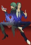  2boys amamiya_ren beard black_hair black_shoes blue_necktie closed_mouth coat collared_shirt commentary_request facial_hair formal_clothes glasses green_eyes green_hair green_rar hasegawa_zenkichi highres holding jacket joker_(persona_5) long_sleeves looking_at_viewer male_focus mask multiple_boys necktie pants persona persona_5 pointing red_background shirt shoes short_hair simple_background sitting smile stubble suit suit_jacket unworn_mask 