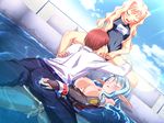  1boy 2girls blonde_hair blue_hair blush bottomless breasts cleo_cragganmore clothed_sex cum cum_in_pussy cum_inside eyes_closed game_cg group_sex harem_party multiple_girls penis pool pussy sex sofisutia_gushigusu swimsuit uncensored vaginal water wet 