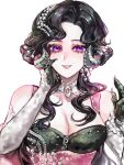  1girl anjo_nala bare_shoulders black_hair breasts chinese_commentary choker cleavage commentary_request curled_horns dress elbow_gloves gloves grey_choker grey_gloves grey_horns grin hand_on_own_cheek hand_on_own_face hands_up highres horns large_breasts long_hair looking_at_viewer low_horns lu_jichi pink_dress purple_eyes reverse:1999 sleeveless sleeveless_dress smile solo upper_body white_background 