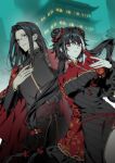  1boy 1girl absurdres aircon11 black_dress black_hair breasts china_dress chinese_clothes coat commentary double_bun dress folding_fan glasses hair_bun hand_fan highres holding holding_fan jia_xichun_(project_moon) limbus_company long_hair looking_at_viewer multicolored_hair pink_eyes project_moon red_coat red_shrug red_sleeves rope_belt shrug_(clothing) streaked_hair wei_(project_moon) white_streaks 