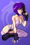  1girl artist_name bare_shoulders belt black_gloves bold-n-brash boots breasts cleavage collarbone commentary corrupted_twitter_file cyborg english_commentary fingerless_gloves ghost_in_the_shell ghost_in_the_shell:_stand_alone_complex gloves gun handgun highleg highleg_leotard highres holding holding_gun holding_weapon kusanagi_motoko leotard lips looking_at_viewer medium_breasts parted_lips purple_hair purple_leotard purple_thighhighs red_eyes short_hair simple_background sitting solo thighhighs weapon 