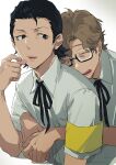  2boys armband black-framed_eyewear black_hair black_ribbon closed_eyes commentary_request dress_shirt eating gekkoukan_high_school_uniform hair_slicked_back hiraga_keisuke hug hug_from_behind isa_(peien516) looking_at_another looking_back male_focus multiple_boys neck_ribbon odagiri_hidetoshi open_mouth persona persona_3 rectangular_eyewear ribbon school_uniform semi-rimless_eyewear shirt short_hair short_sideburns sideburns simple_background upper_body white_background white_shirt yellow_armband 