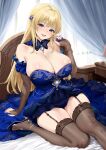  1girl armpits ayamo_kaoru bare_shoulders bed black_thighhighs blonde_hair blue_dress blue_nails blunt_bangs bracelet breasts cleavage collarbone commentary_request curtains detached_sleeves dress earrings fingernails green_eyes hair_ornament high_heels highres indie_virtual_youtuber indoors jewelry long_hair looking_at_viewer nail_polish necklace nightstand on_bed open_mouth ring ruri_lapisl sitting solo sunlight teeth thighhighs upper_teeth_only virtual_youtuber 
