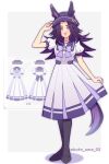  1girl absurdres alternate_costume animal_ears black_hair black_pantyhose black_shoes blush bow commentary_request dress ears_through_headwear fenomeno_(umamusume) flipped_hair hat highres holding_own_dress horse_ears horse_girl horse_tail long_hair looking_at_viewer multicolored_hair open_mouth pantyhose puffy_short_sleeves puffy_sleeves purple_bow purple_eyes purple_hair shoes short_sleeves smile tail umamusume w3n6e white_dress 