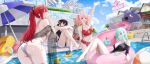  4girls ahoge aqua_hair arisa_(charon_universe) arm_up armpits ass back ball bare_shoulders barefoot beachball bent bikini bikini_skirt black_hair black_one-piece_swimsuit breasts charon_universe clothing_cutout commentary_request day ellie_(charon_universe) eris_(charon_universe) eyewear_on_head from_behind hair_ornament hair_ribbon hairclip halterneck hand_up hat heart heart-shaped_eyewear highres innertube karin_(charon_universe) knees_up korean_commentary large_breasts multiple_girls myomomoo navel o-ring o-ring_bikini one-piece_swimsuit open_mouth outdoors pink_hair ponytail pool purple_eyes red_bikini red_eyes red_hair ribbon shawl side-tie_bikini_bottom side_ponytail sidelocks sitting skindentation smile standing stomach string_bikini sun_hat sunglasses swim_ring swimsuit thigh_strap thighs umbrella underboob_cutout v virtual_youtuber water_slide white_bikini white_hat 
