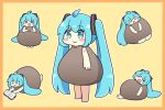  >_< 1girl :3 :d ahoge bare_arms bare_shoulders barefoot blue_eyes blue_hair blush_stickers book border chibi chibi_only closed_eyes closed_mouth clothing_request commentary_request double-parted_bangs hatsune_miku long_hair multiple_views nukotun open_book open_mouth orange_border outline simple_background smile twintails very_long_hair vocaloid white_outline xd yellow_background |_| 