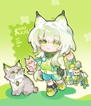  1girl absurdres alternate_costume animal animal_ear_fluff animal_ears animalization arknights bag blue_shorts cat_ears cat_girl character_charm charm_(object) chibi chibi_only chinese_commentary closed_mouth commentary_request full_body green_background green_eyes green_shoes green_theme highres holding holding_bag holding_stuffed_toy hongshan_forest_zoo kal'tsit_(arknights) kal'tsit_esperanta_(arknights) liu_chong_luan long_hair long_sleeves looking_at_viewer lynx mon3tr_(arknights) shoes shorts smile solo standing stuffed_animal stuffed_cat stuffed_toy white_bag white_hair 